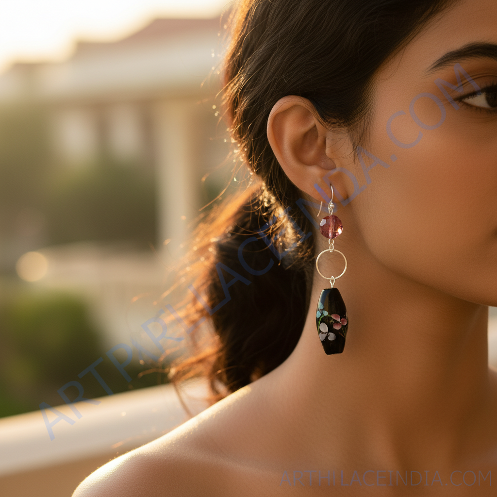 Floral painted black bead earrings | silver dangle for women