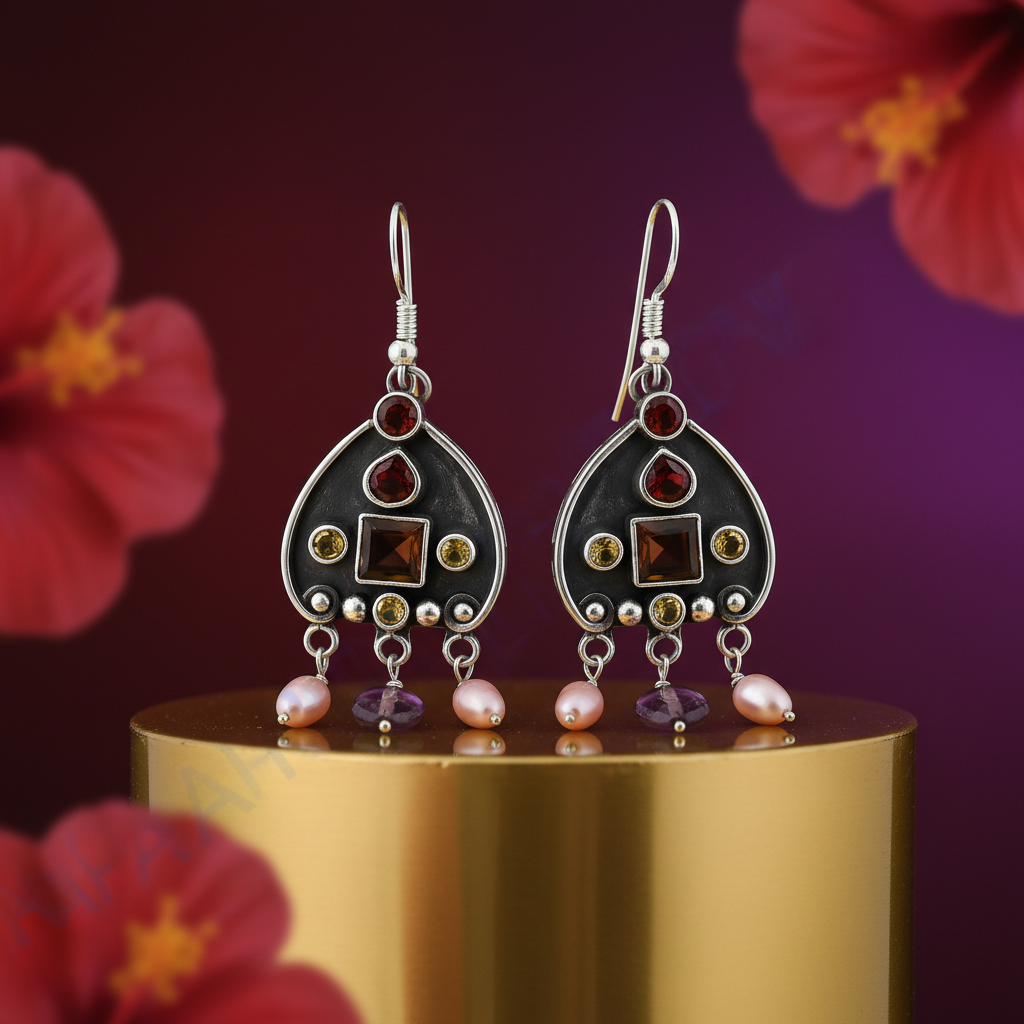 925 silver garnet & pearl dangle earrings for women | gift