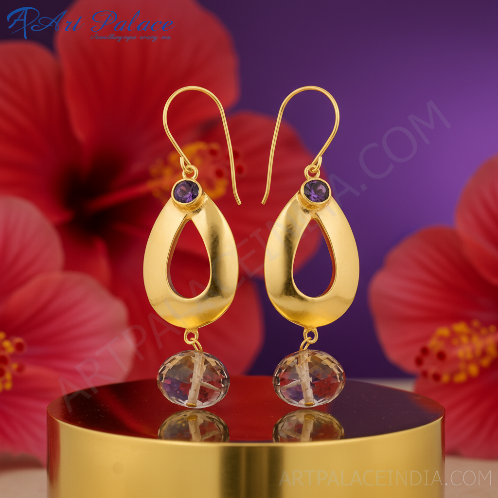 Gold Teardrop Amethyst Earrings for Women | Dangle Earrings