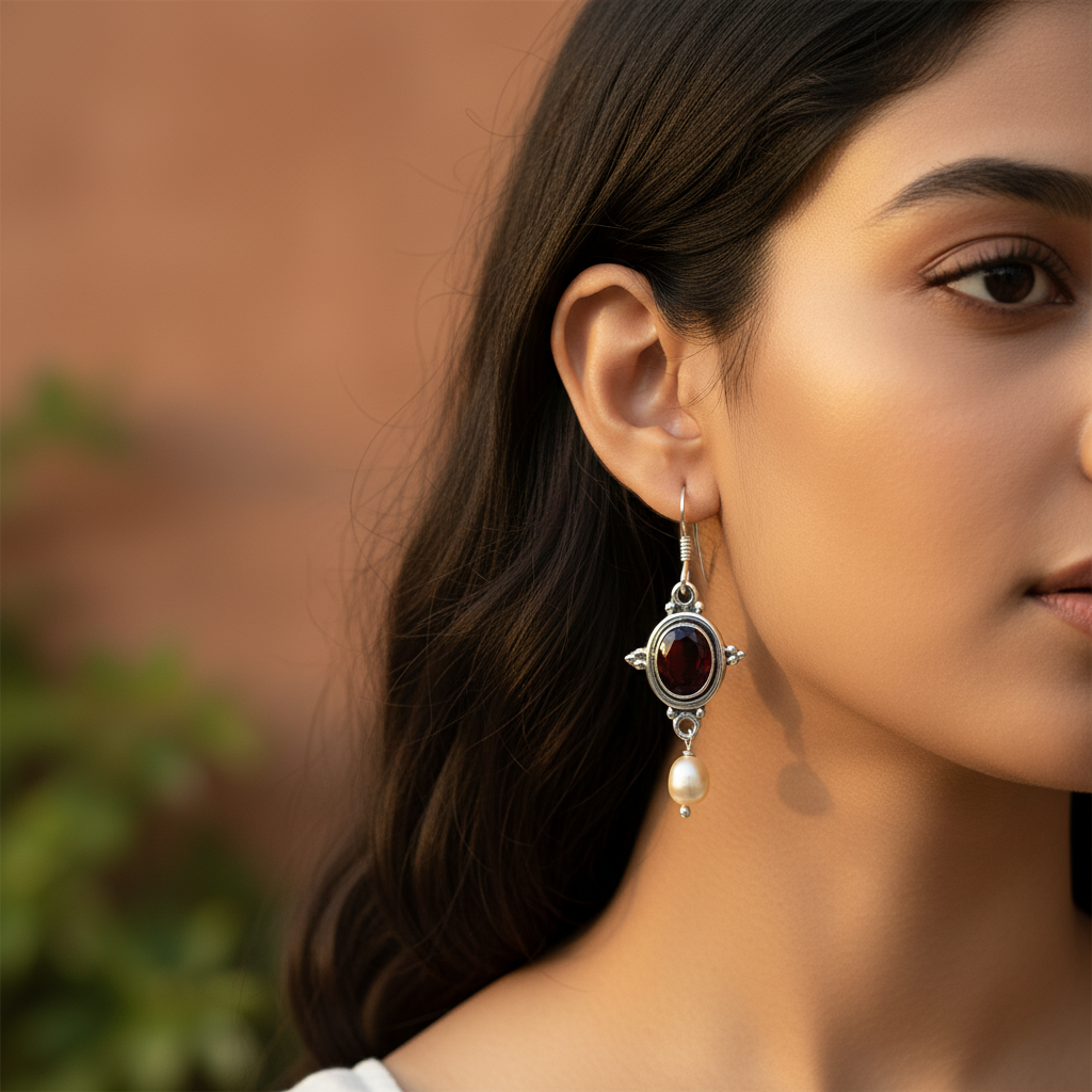 925 silver garnet & pearl drop earrings for women | gift