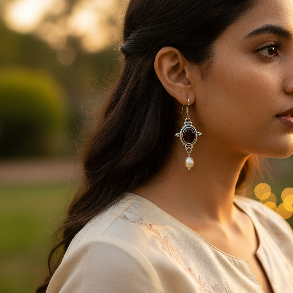 925 silver garnet & pearl drop earrings for women | gift