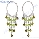 Load image into Gallery viewer, Silver hoop dangle earrings with green gemstone accents, perfect for women&#39;s fashion and gifting.
