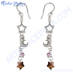 Load image into Gallery viewer, Sterling silver dangle earrings with star, moon and crystal accents in silver
