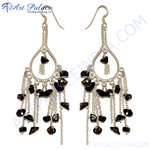 Load image into Gallery viewer, Sterling silver dangle earrings with smoky quartz gemstones and chain accents.
