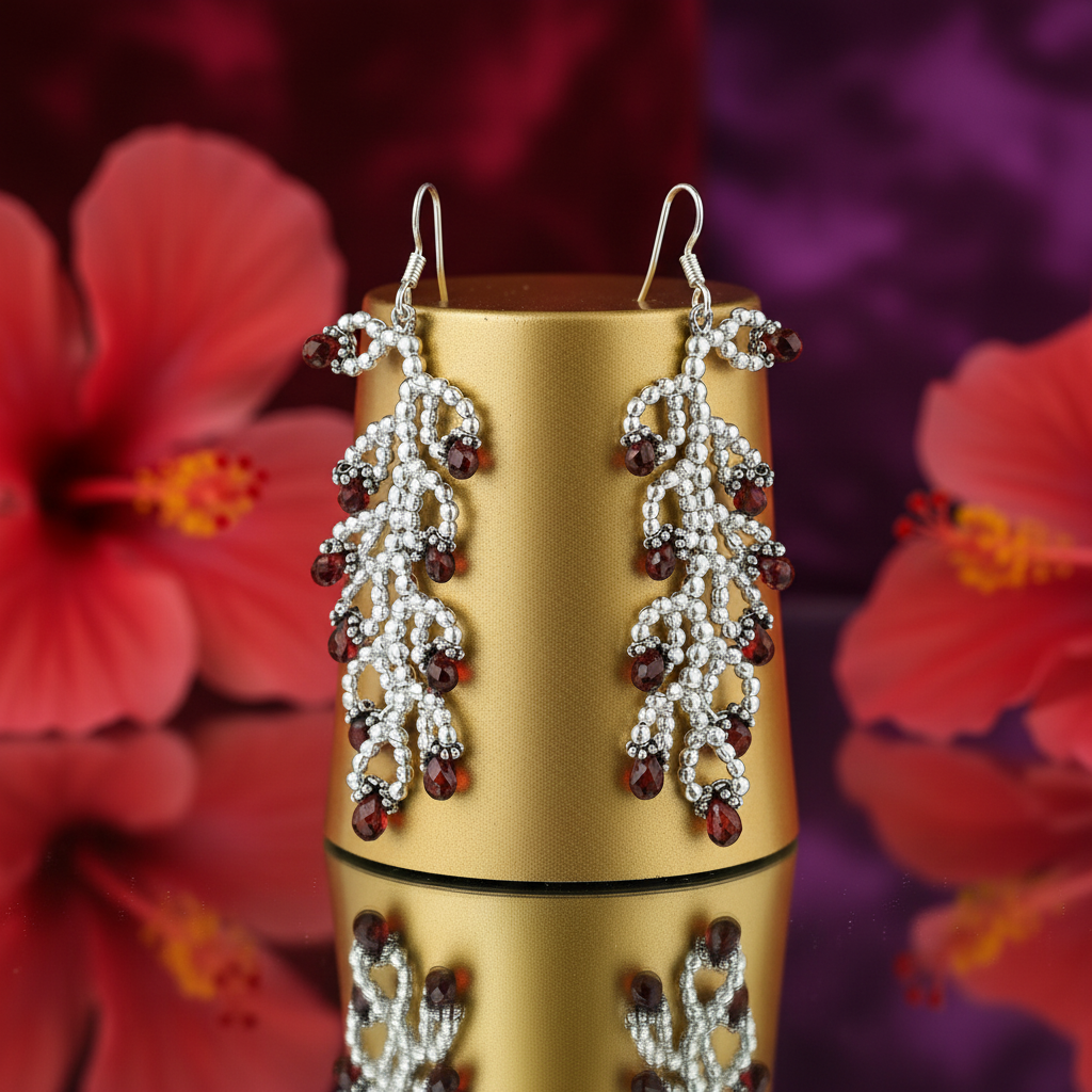 Silver Beaded Garnet Drop Earrings | For Women | Gift Jewelry