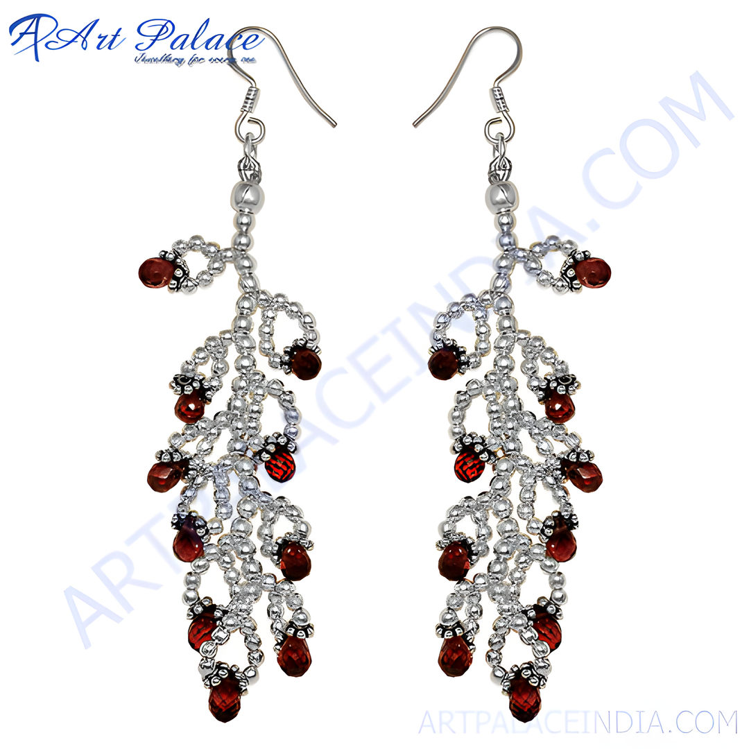Silver drop earrings with silver beading and vibrant red garnet gemstones, elegant jewelry for women.