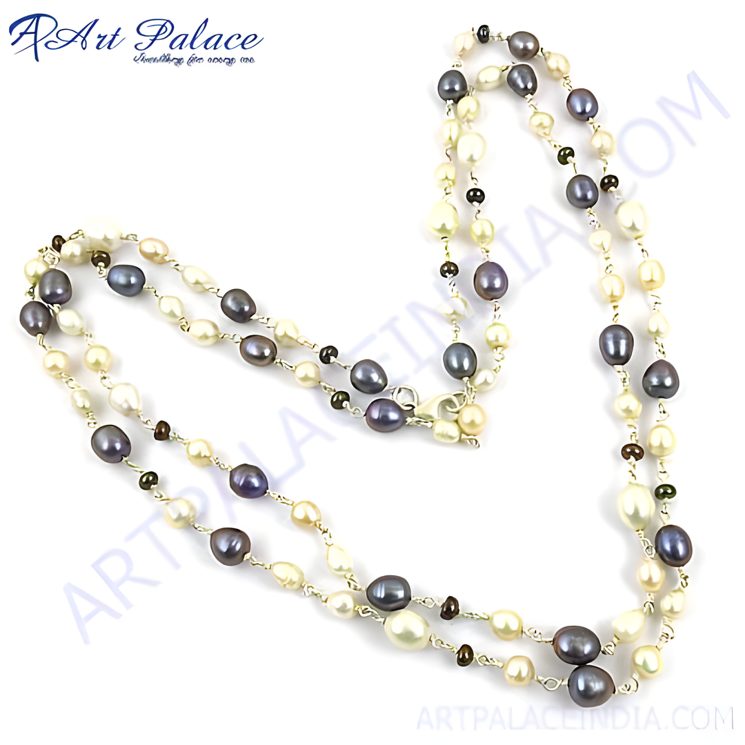 Multi-color pearl necklace with sterling silver chain and clasp, featuring white and grey pearls.