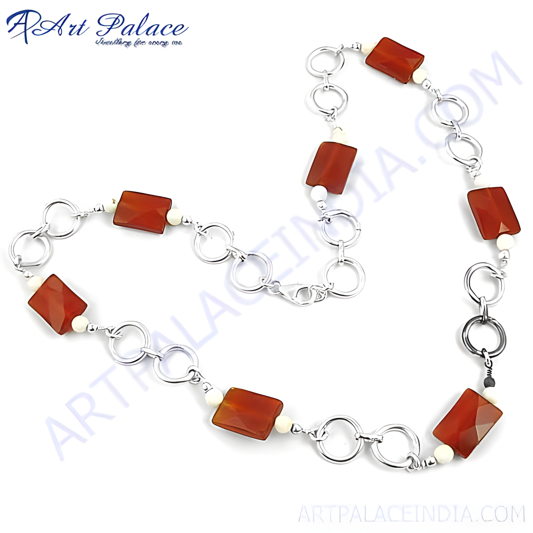 Sterling silver necklace with rectangular orange Carnelian gemstones and white beads, perfect for women.