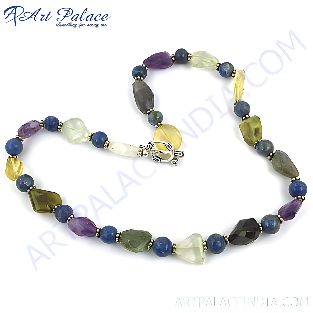 Gemstone beaded necklace featuring various colored semi precious stones and a silver clasp, perfect for women