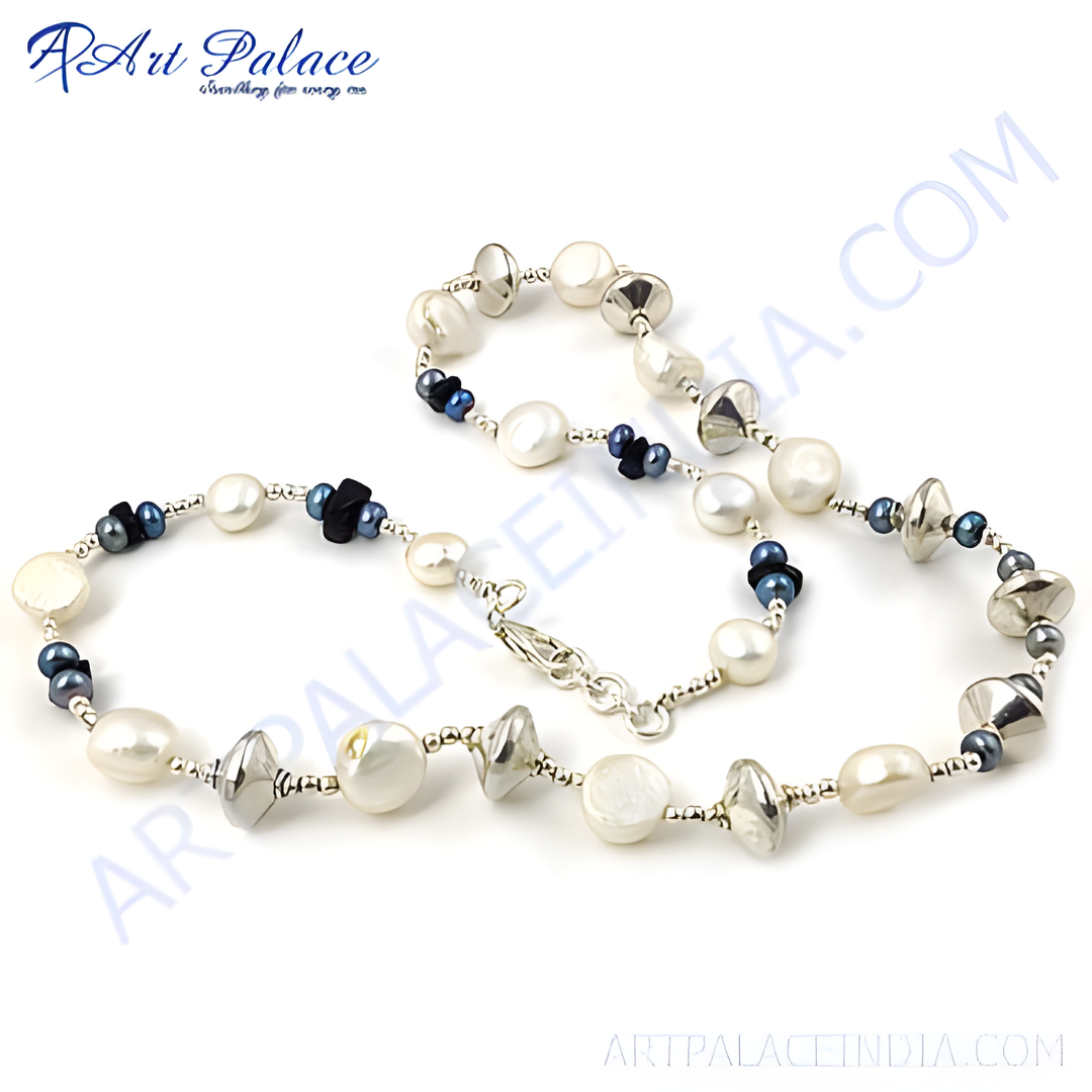 Elegant silver pearl necklace with blue stone accents, perfect for women. Features high-quality pearls and silver.