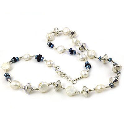 Silver Pearl Necklace with Blue Stone Accents for Women | Gift