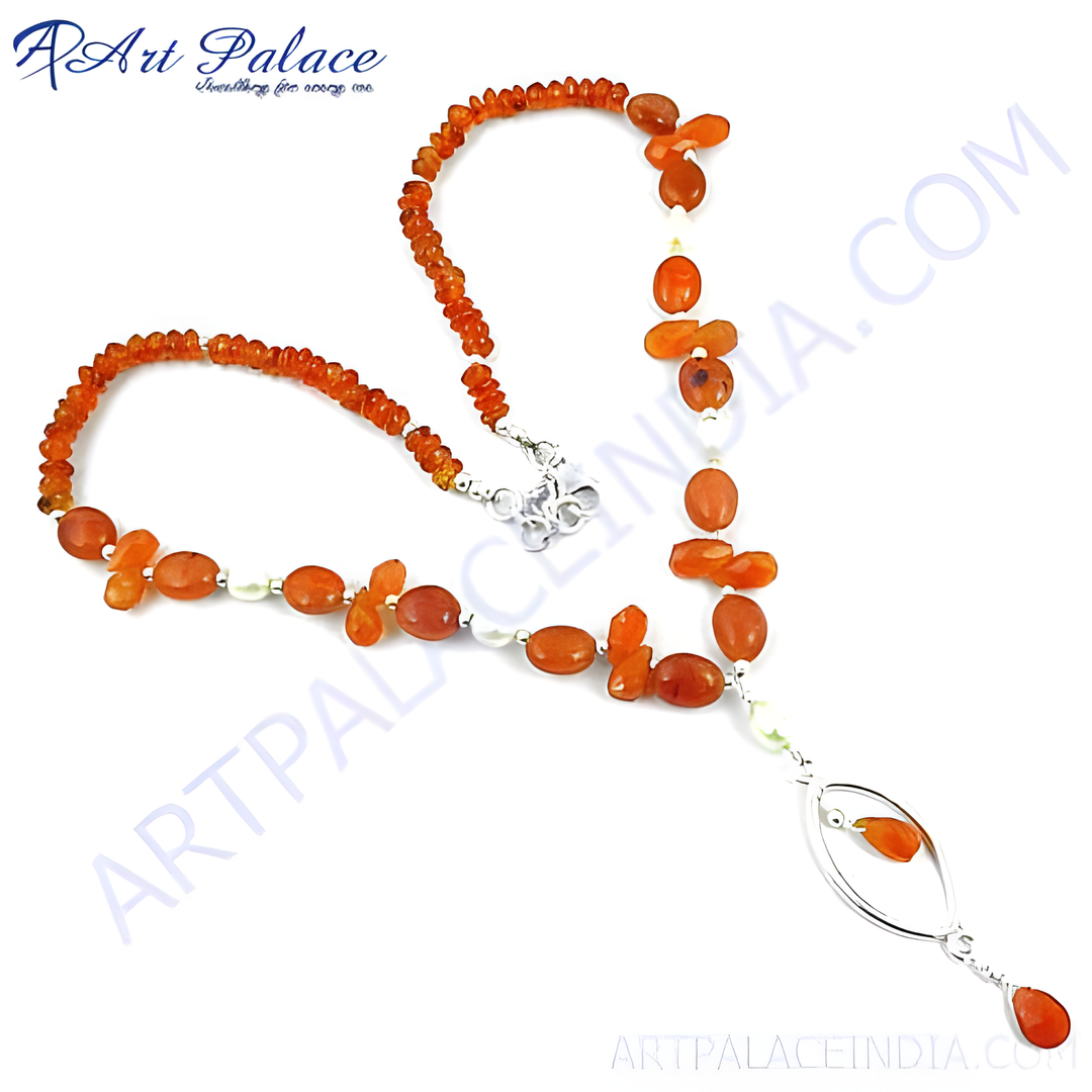 Sterling silver Carnelian bead necklace with orange gemstones and white pearls, a women's jewelry piece.