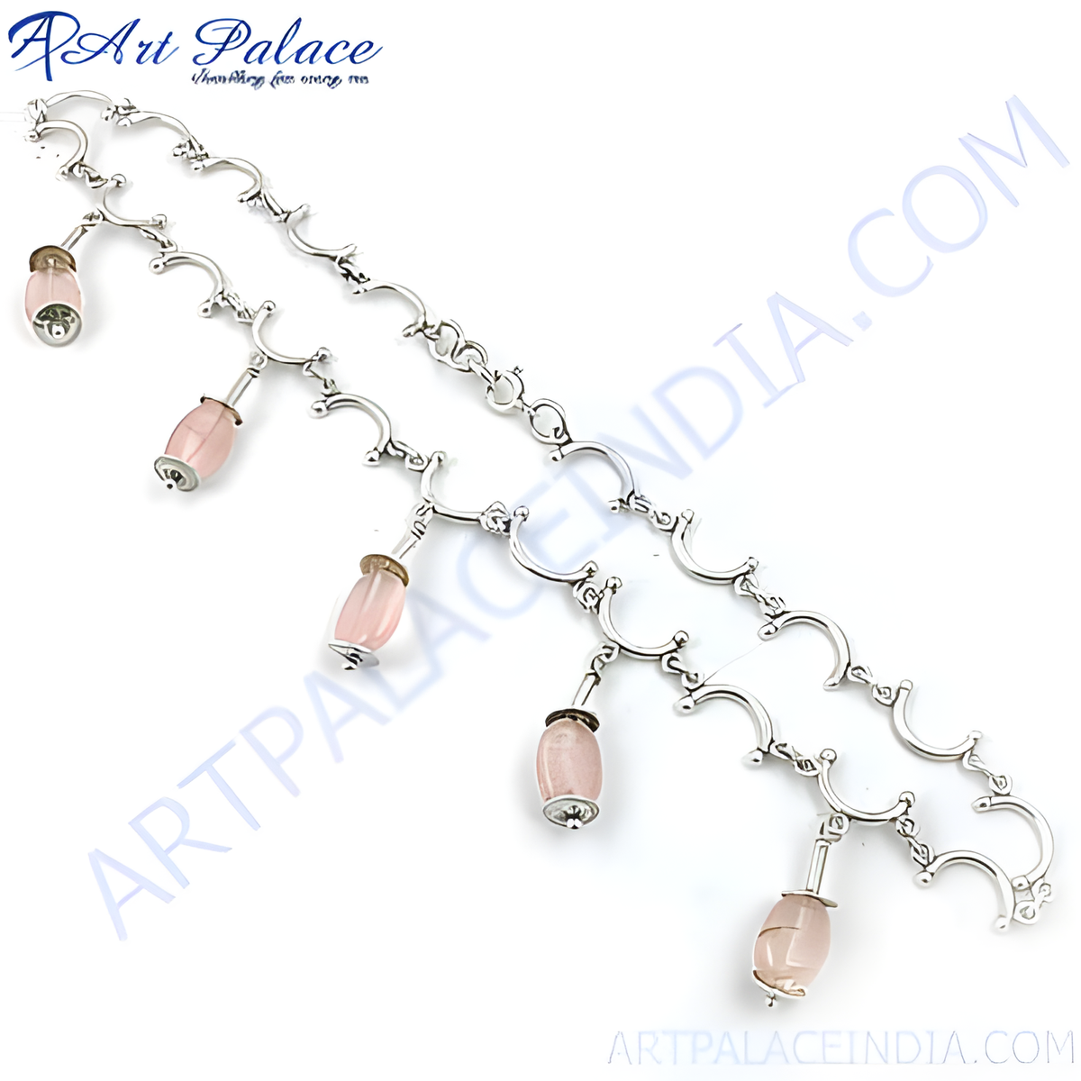 Sterling silver necklace with dangling pink rose quartz gemstones