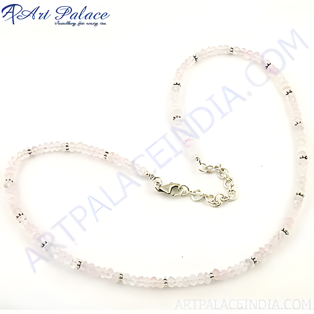 Delicate rose quartz bead necklace with 925 sterling silver accents, pink gemstone jewelry.