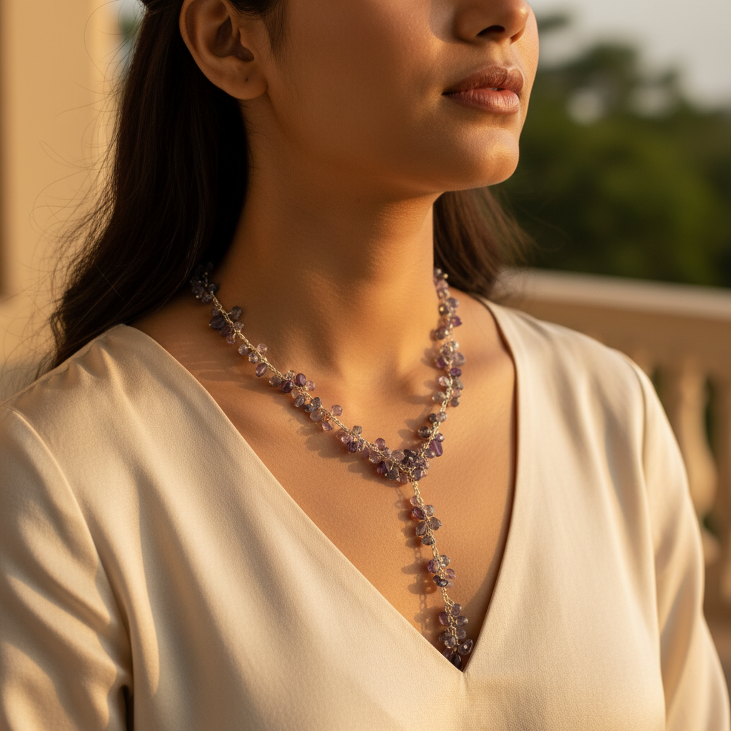 Silver Amethyst Beaded Y Necklace for Women | Gemstone Jewelry
