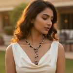 Load image into Gallery viewer, Silver Beaded Y Necklace with Black &amp; Clear Gemstones for Women
