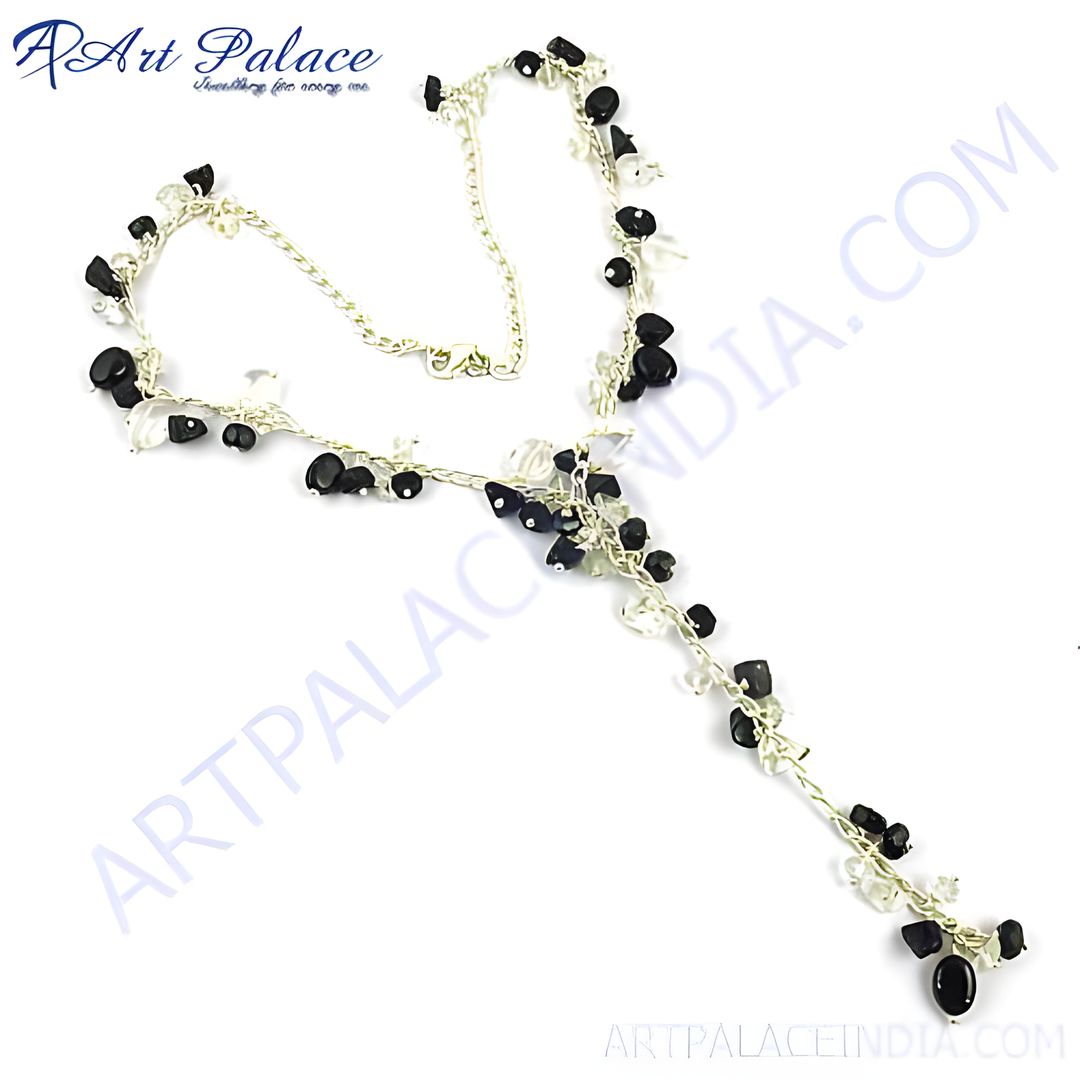 Silver Y necklace with black and clear gemstone beads, a stylish jewelry piece for women