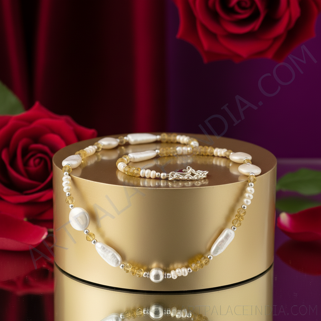 Pearl & Citrine Gemstone Necklace | Sterling Silver Necklace for Women