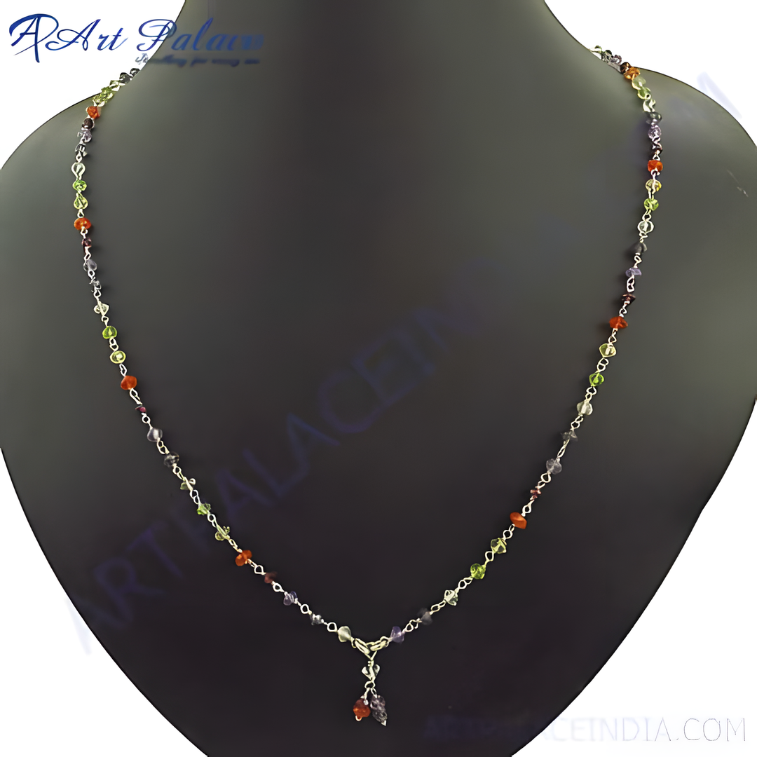 Sterling silver beaded necklace with colorful gemstones displayed on a black mannequin