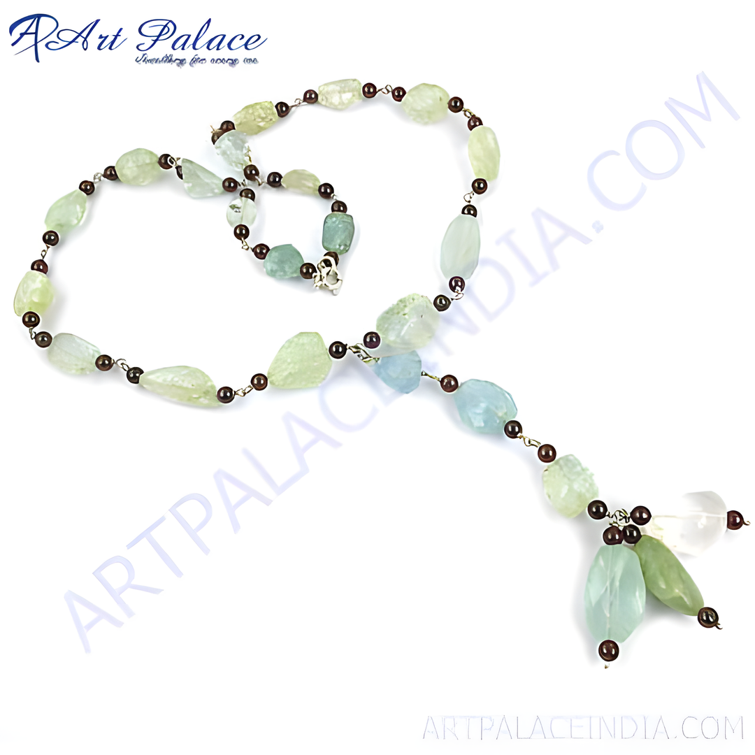 Aquamarine gemstone beaded necklace with light blue and green stones on a white background