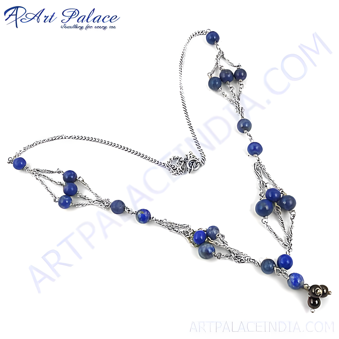 Sterling silver necklace with multiple strands and blue lapis lazuli beads, a beautiful piece of gemstone jewelry for women.
