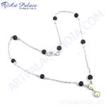 Load image into Gallery viewer, Sterling silver beaded necklace with black onyx and pearl-colored beads
