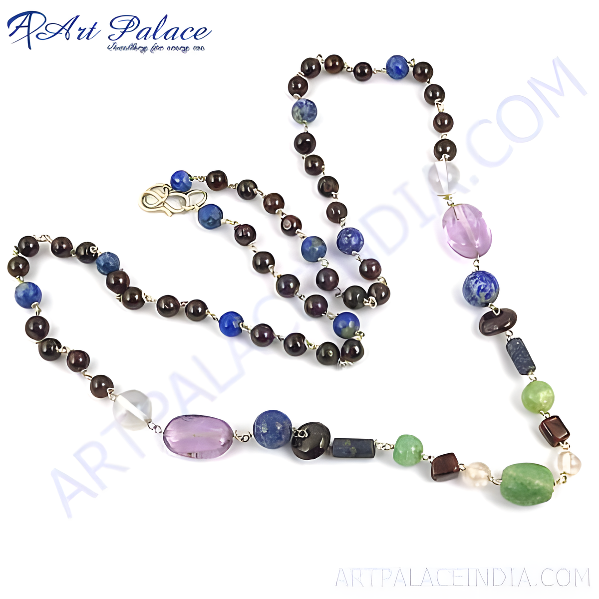 Gemstone beaded necklace featuring a variety of semi precious stones including garnet, lapis lazuli and amethyst, for women