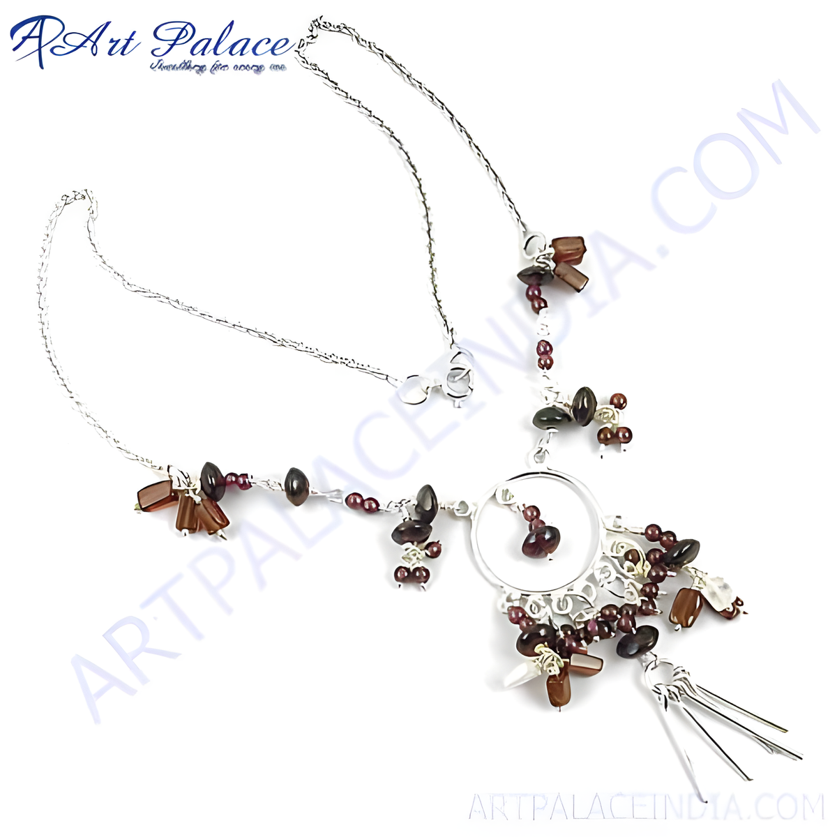 Sterling silver statement necklace with garnet gemstones and intricate design