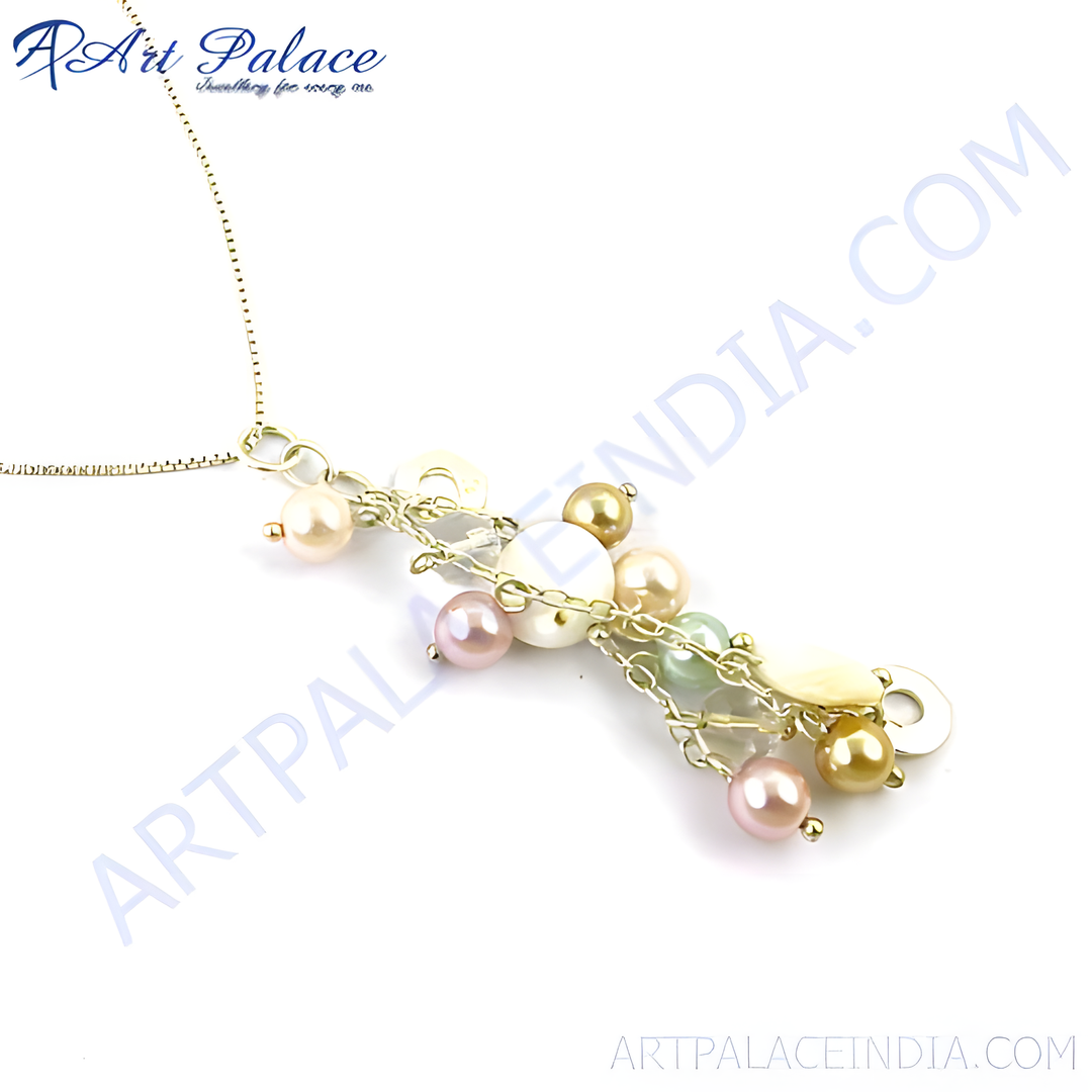 Gold chain necklace with a cluster of pearls in pink, white, and gold.