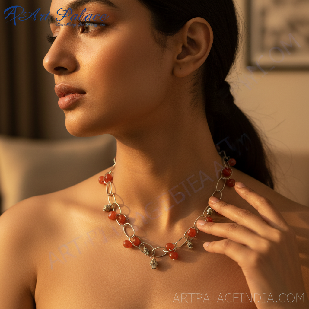 Silver carnelian bead chain necklace for women | gift jewelry