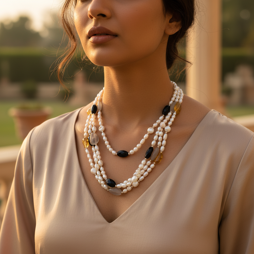 Multi-Strand Pearl Necklace with Gemstones | Women's Jewelry Gift