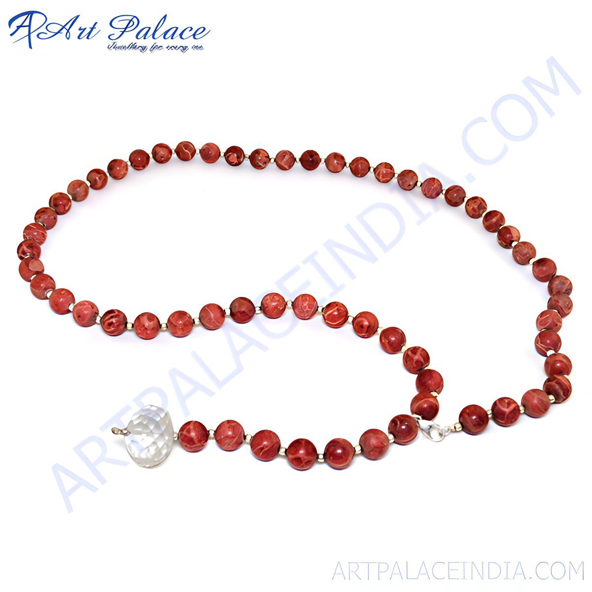 Red jasper beaded necklace with crystal pendant, featuring red and clear gemstones