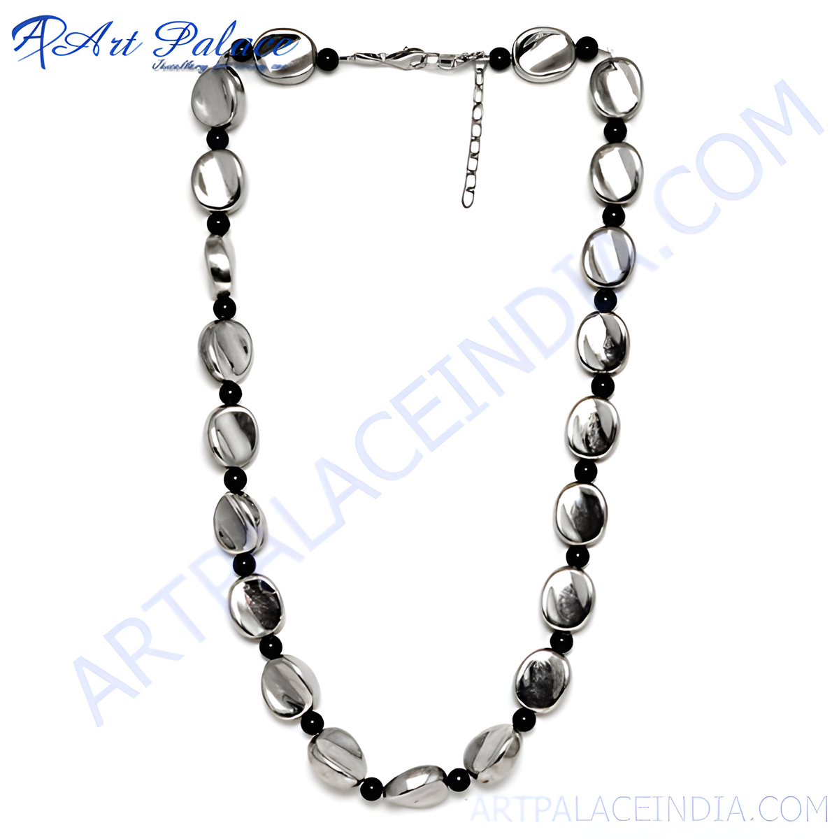 Silver bead necklace with black beads, a classic and elegant jewelry piece