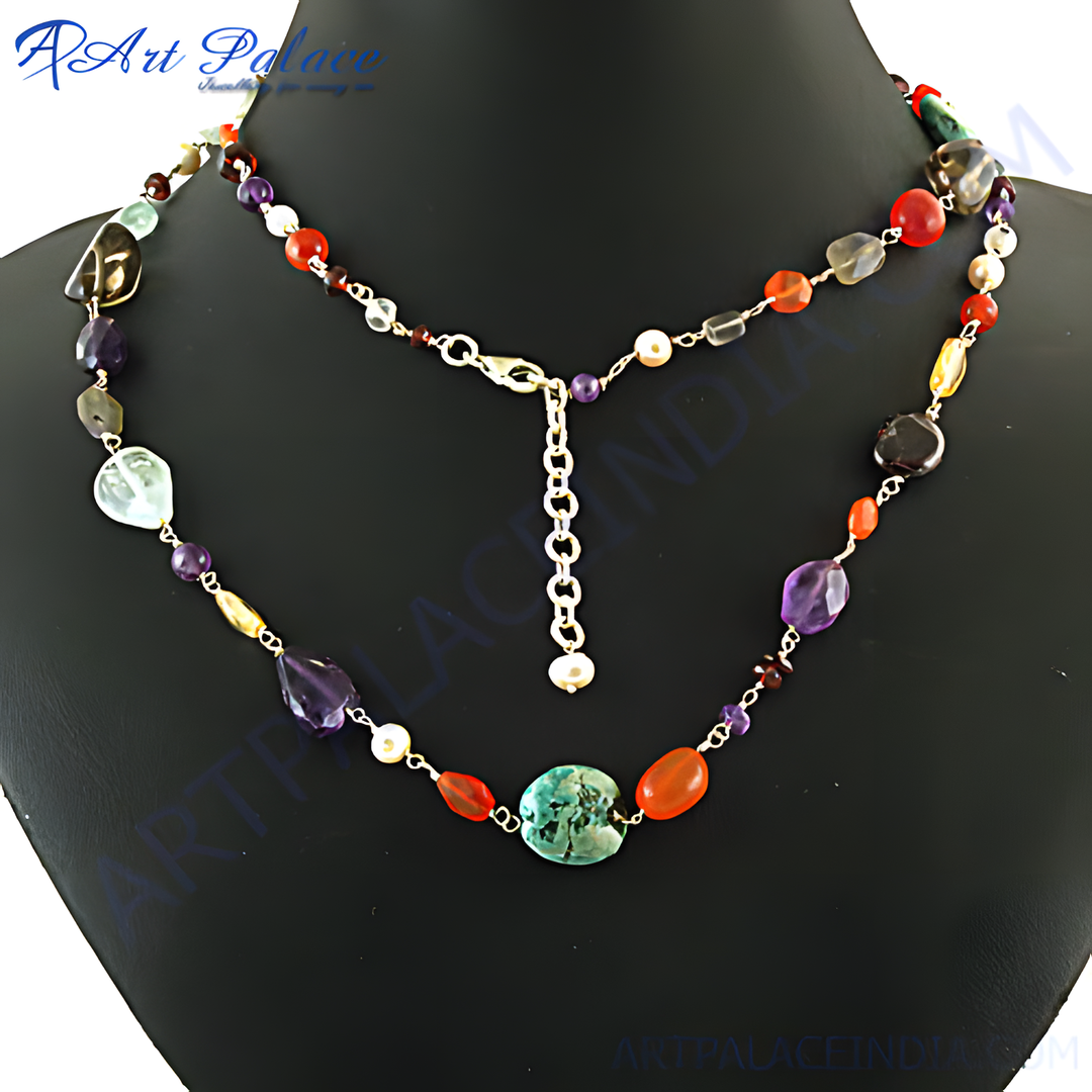 Colorful beaded necklace with semi-precious gemstones on a black mannequin.
