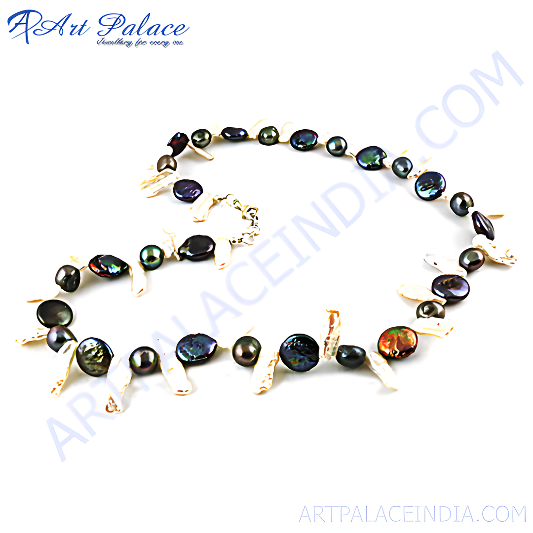 A stunning necklace featuring a unique combination of black and white pearls, perfect for adding an elegant touch to any outfit.