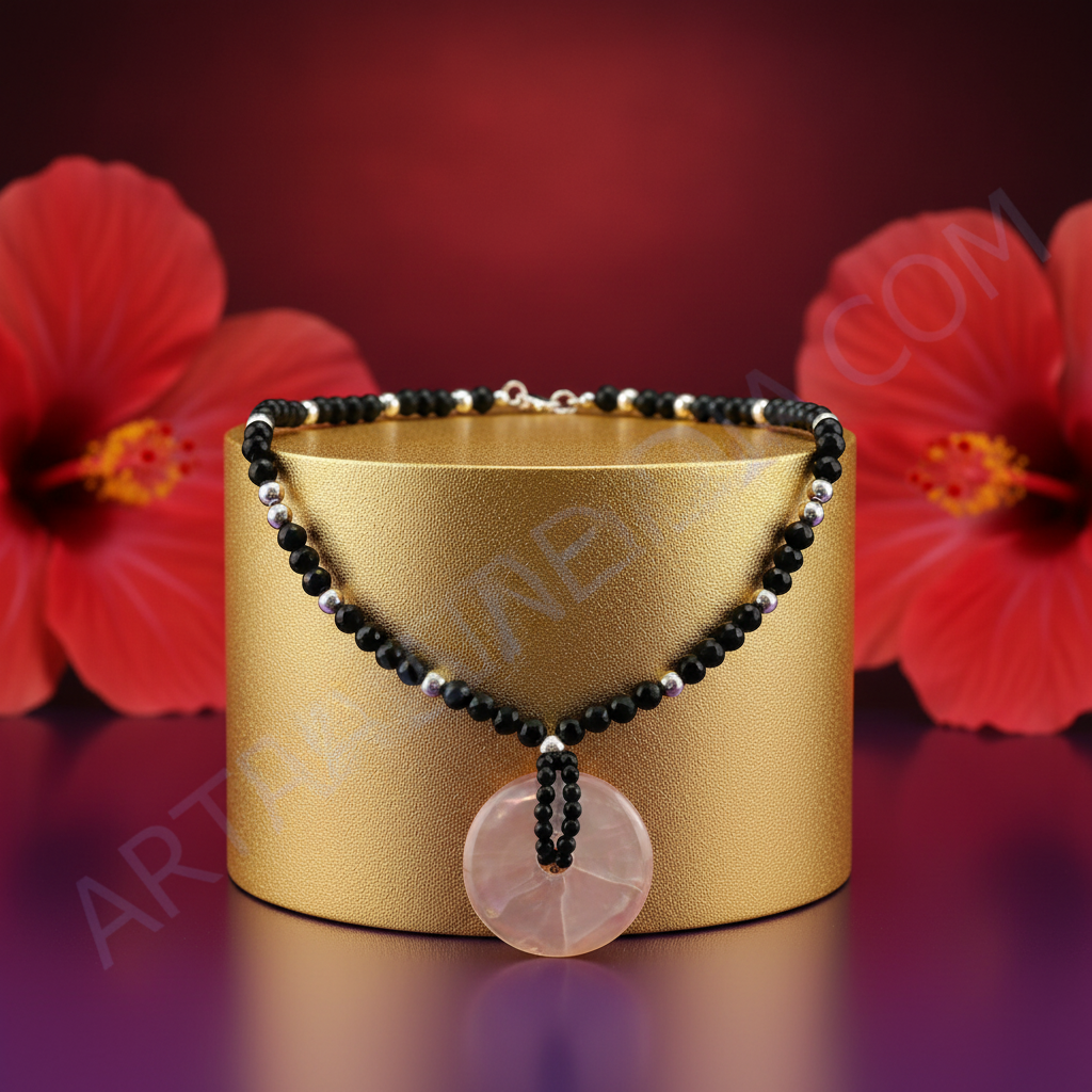 Black Onyx Bead Necklace with Pink Gemstone Pendant | For Women