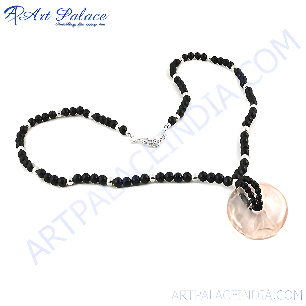 Black onyx bead necklace with a pink gemstone pendant, perfect for everyday elegance