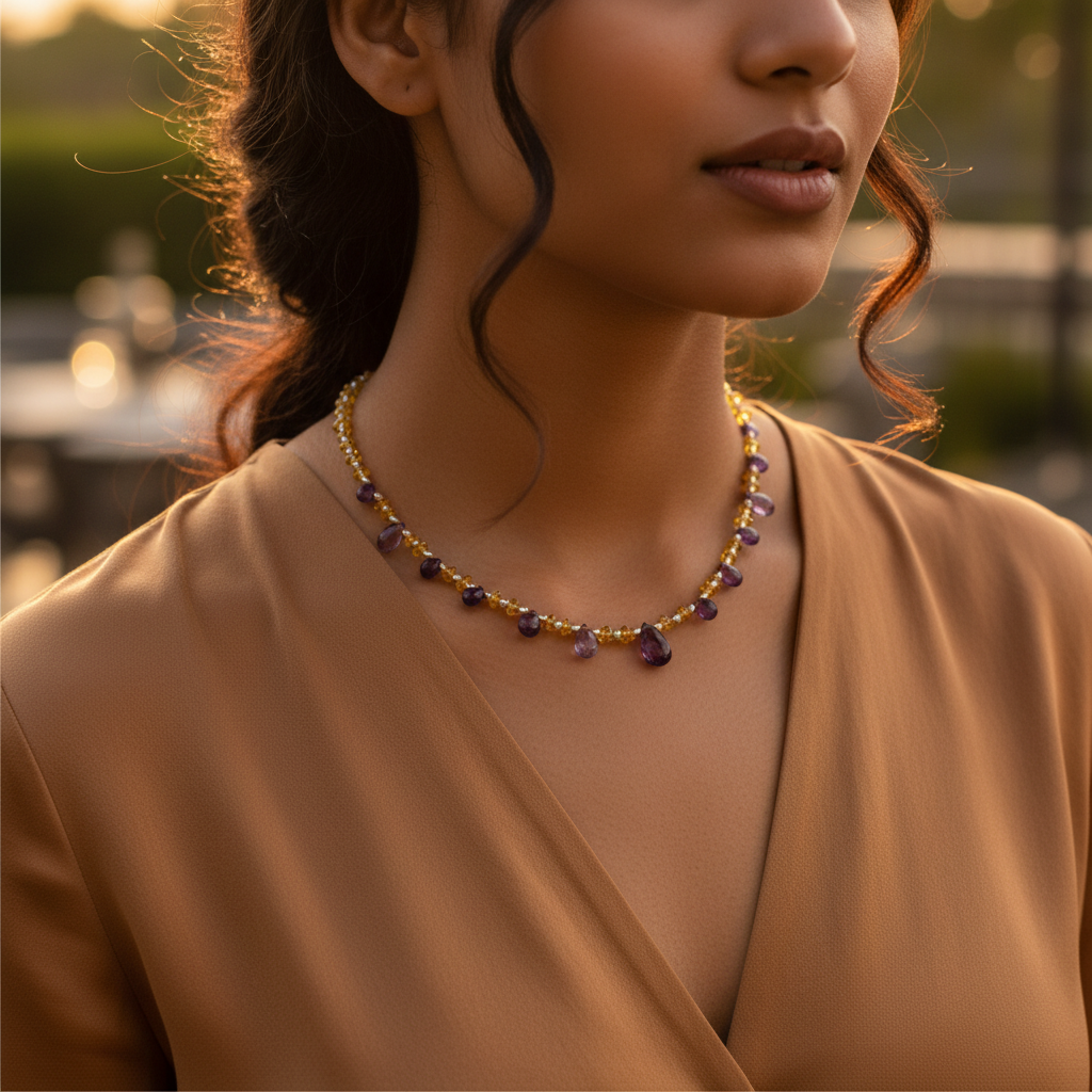 Collar de cuentas de piedras preciosas | Piedras amarillas y moradas | Joyería para mujer