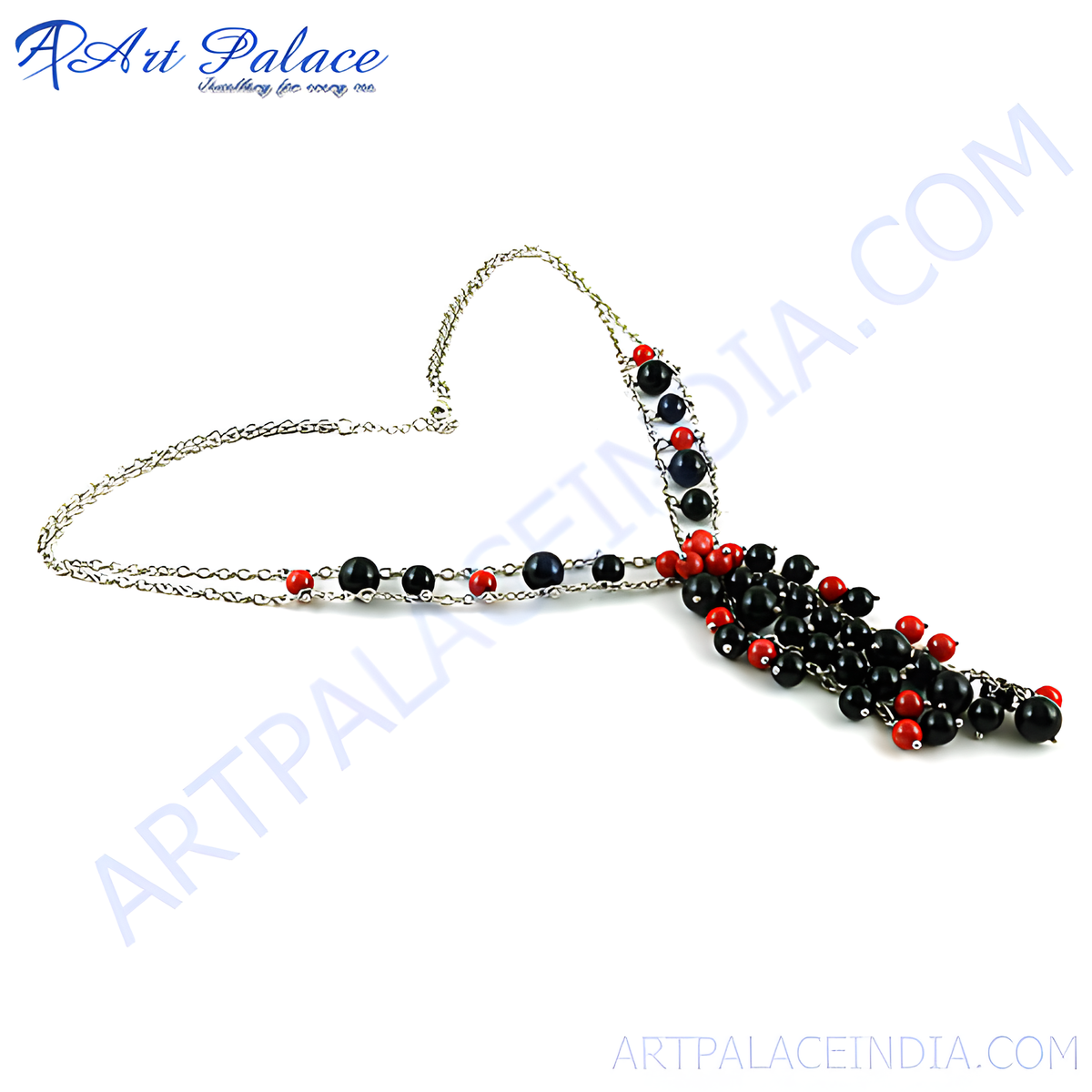 Silver chain necklace with black and red beaded tassel, perfect for women