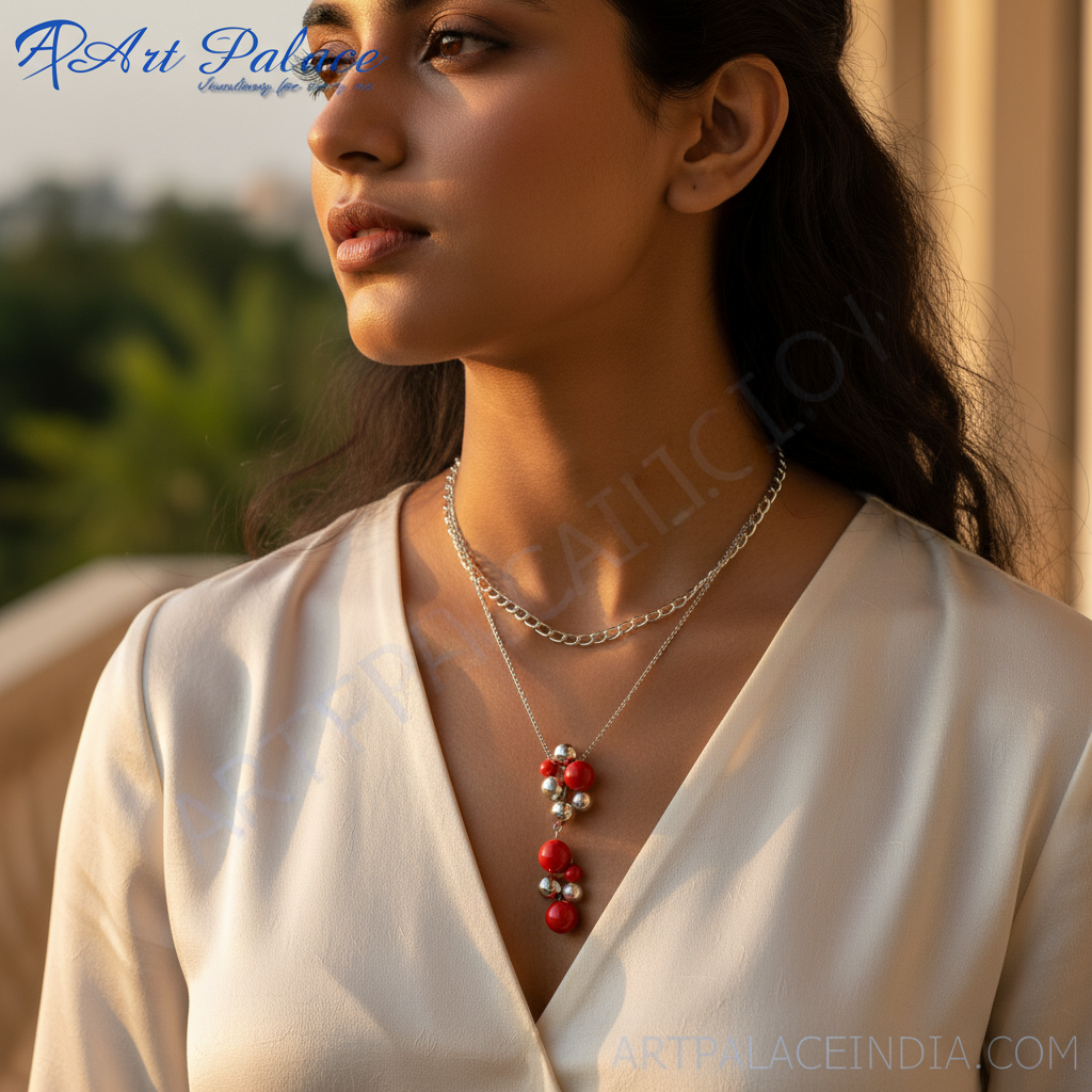 Silver Red Coral Bead Necklace | Layered Design for Women