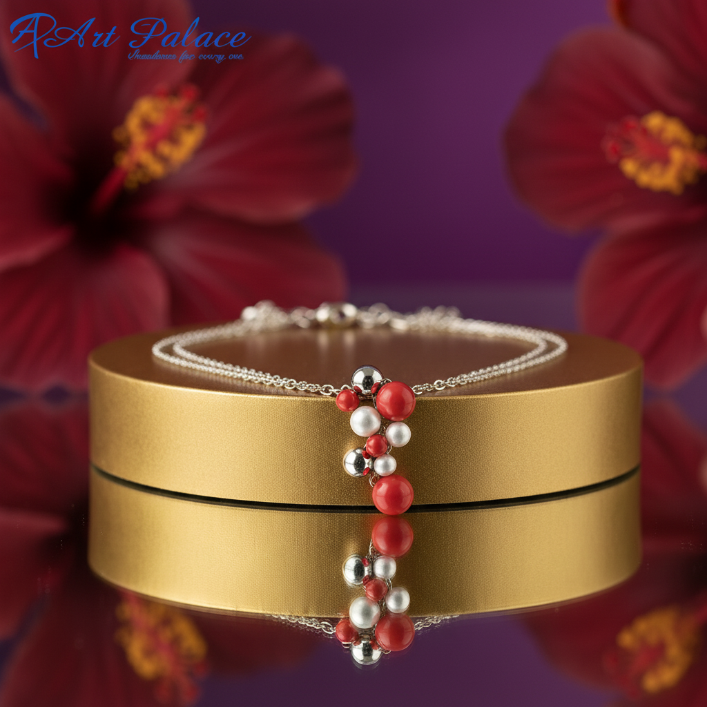 Silver Red Coral Bead Necklace | Layered Design for Women