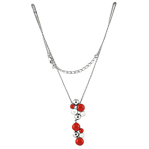 Silver Red Coral Bead Necklace | Layered Design for Women