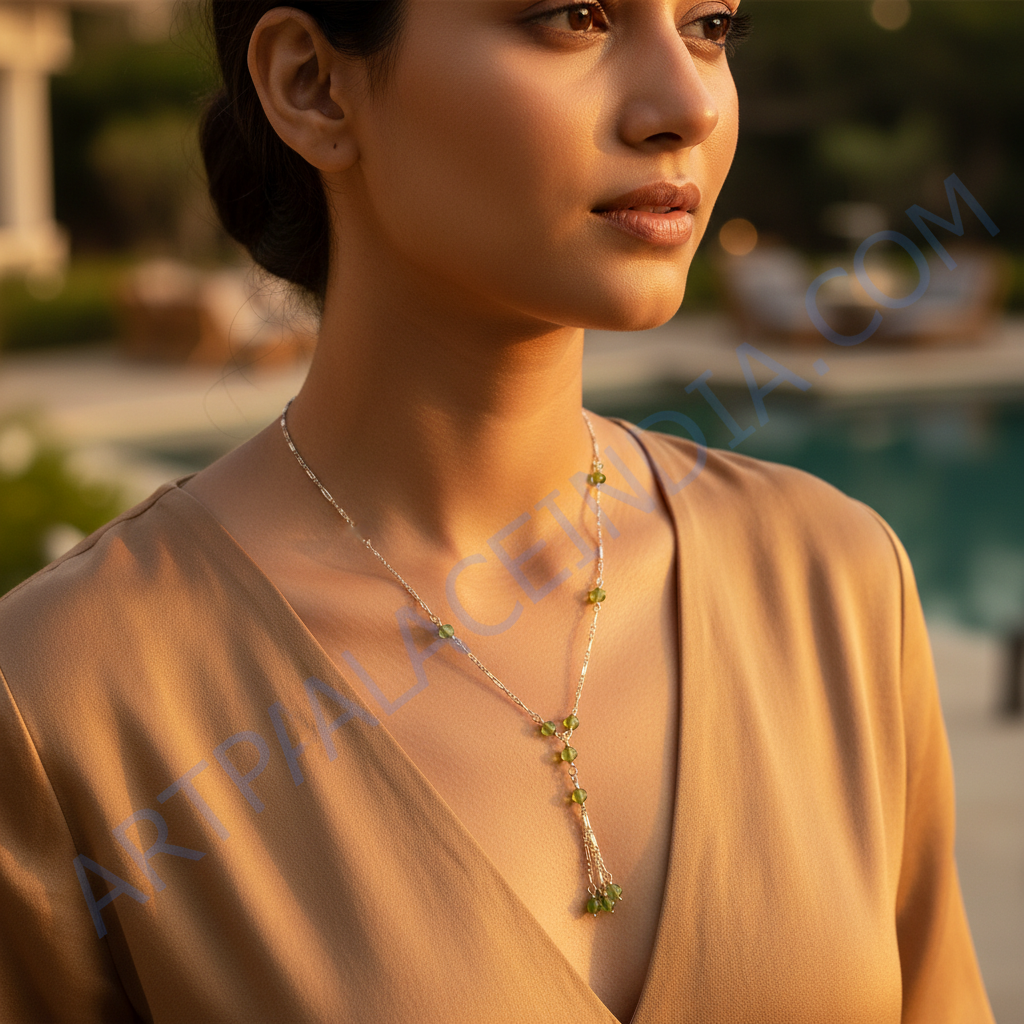 Silver Peridot Beaded Y-Necklace for Women | Daily Wear