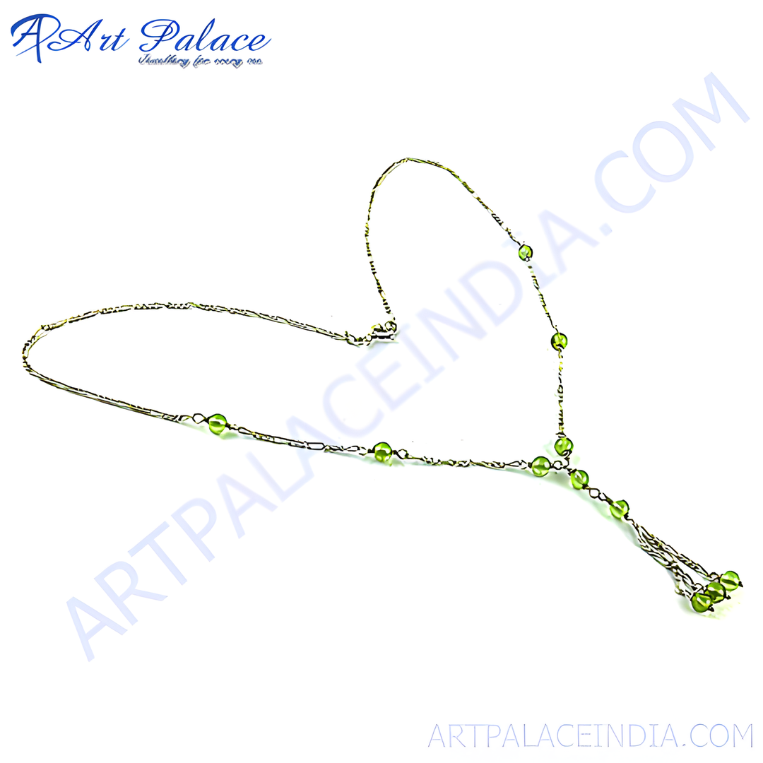 Silver Y necklace with green peridot beads for women
