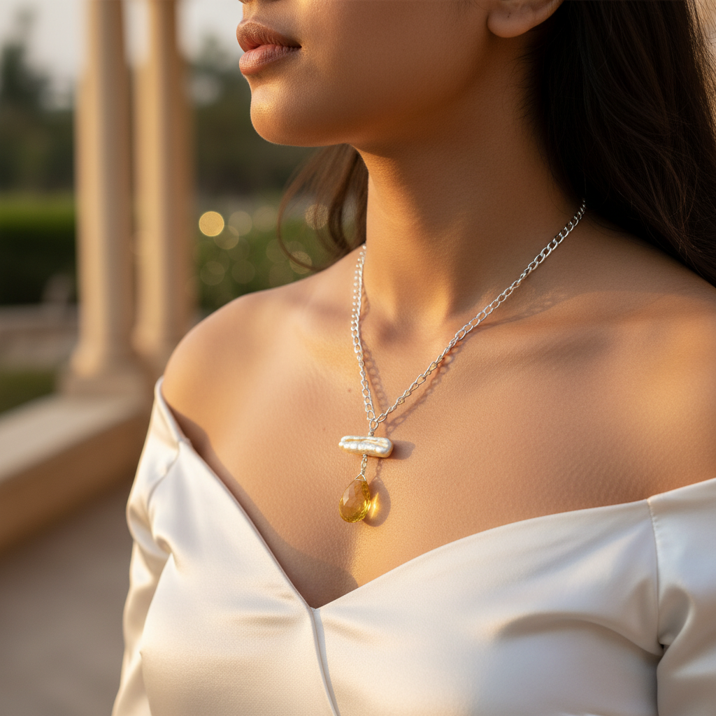 Silver Pearl & Citrine Pendant Necklace for Women | Gift Jewelry