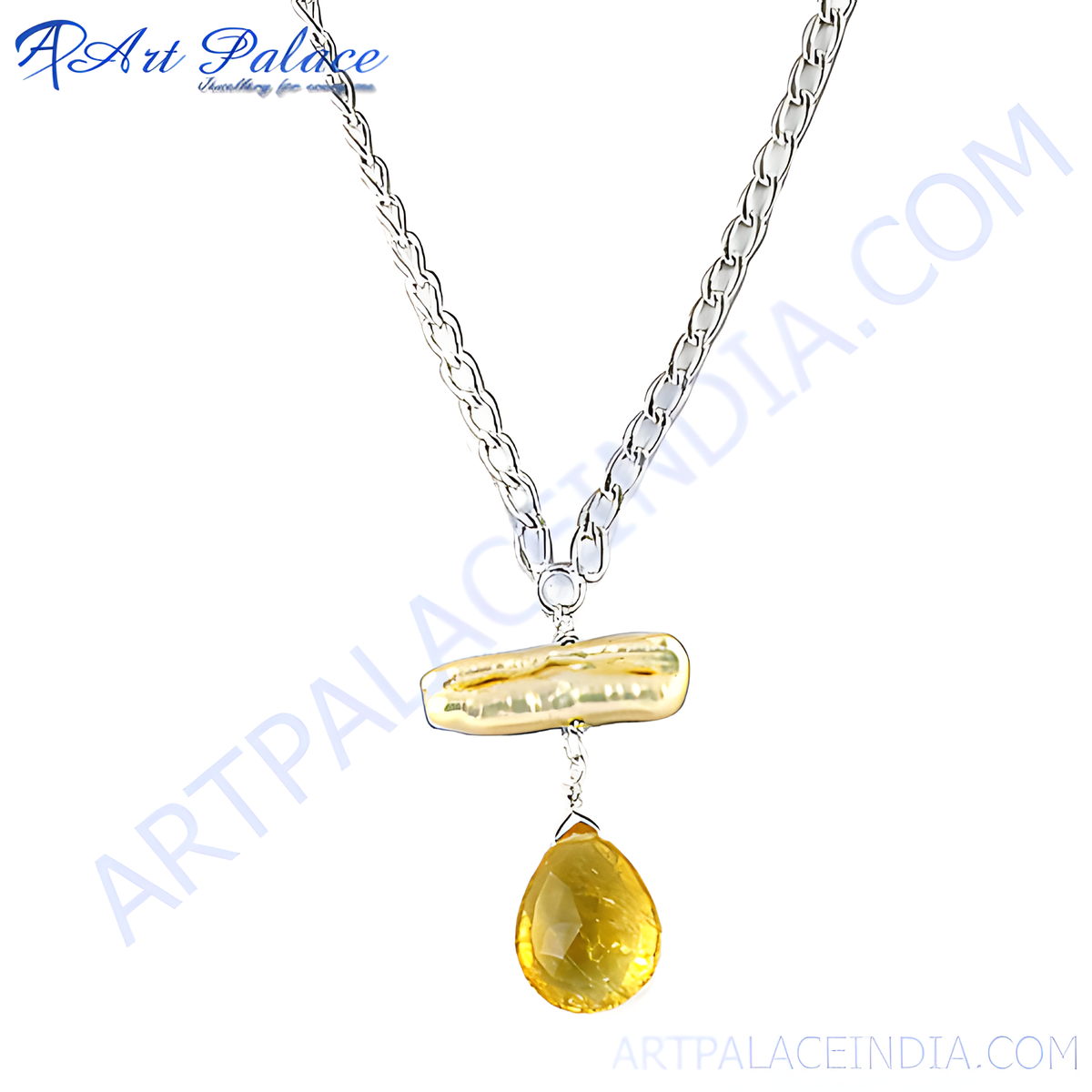 Sterling silver pendant necklace with a pearl and citrine gemstone