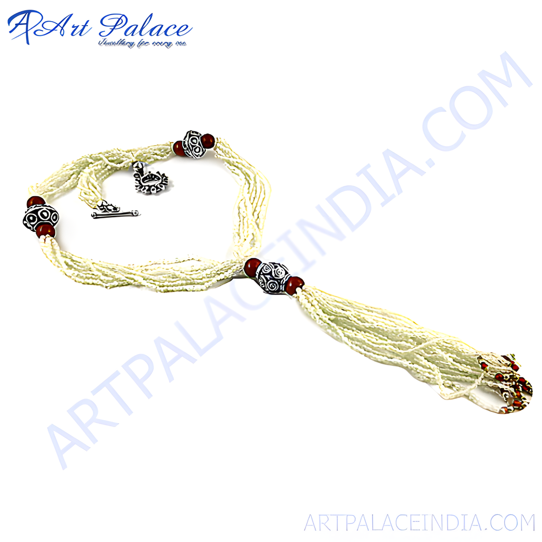A stunning beaded seed necklace with silver accents, perfect for women's fashion and adding elegance to any outfit.