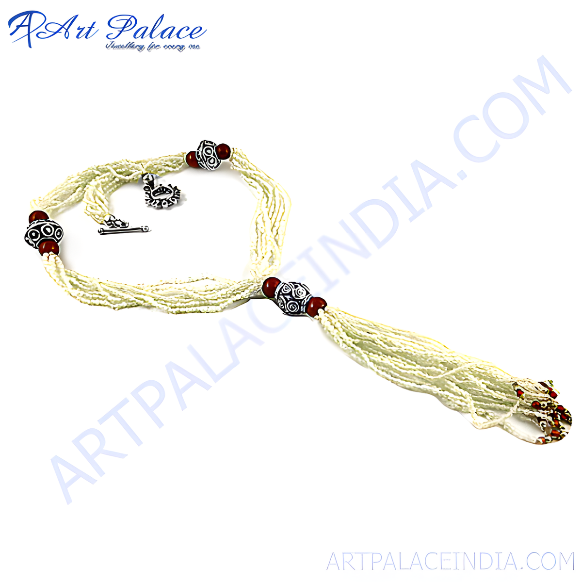 A stunning beaded seed necklace with silver accents, perfect for women's fashion and adding elegance to any outfit