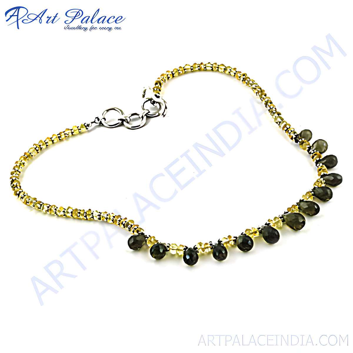 Gemstone beaded anklet in yellow and black, featuring teardrop shaped gemstones, perfect for daily wear
