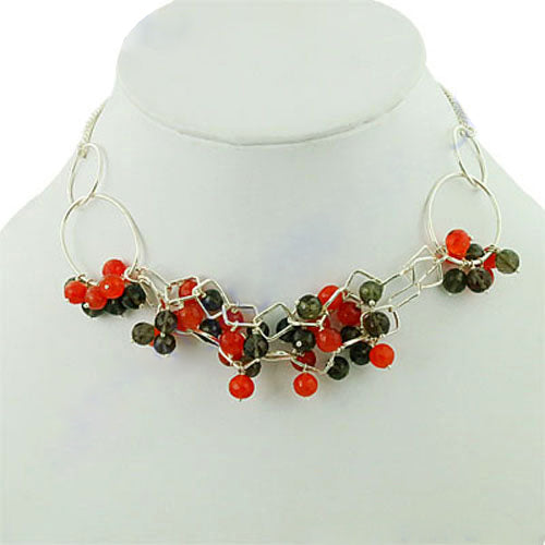 Silver Beaded Statement Necklace | Red & Green Gemstones | Gift